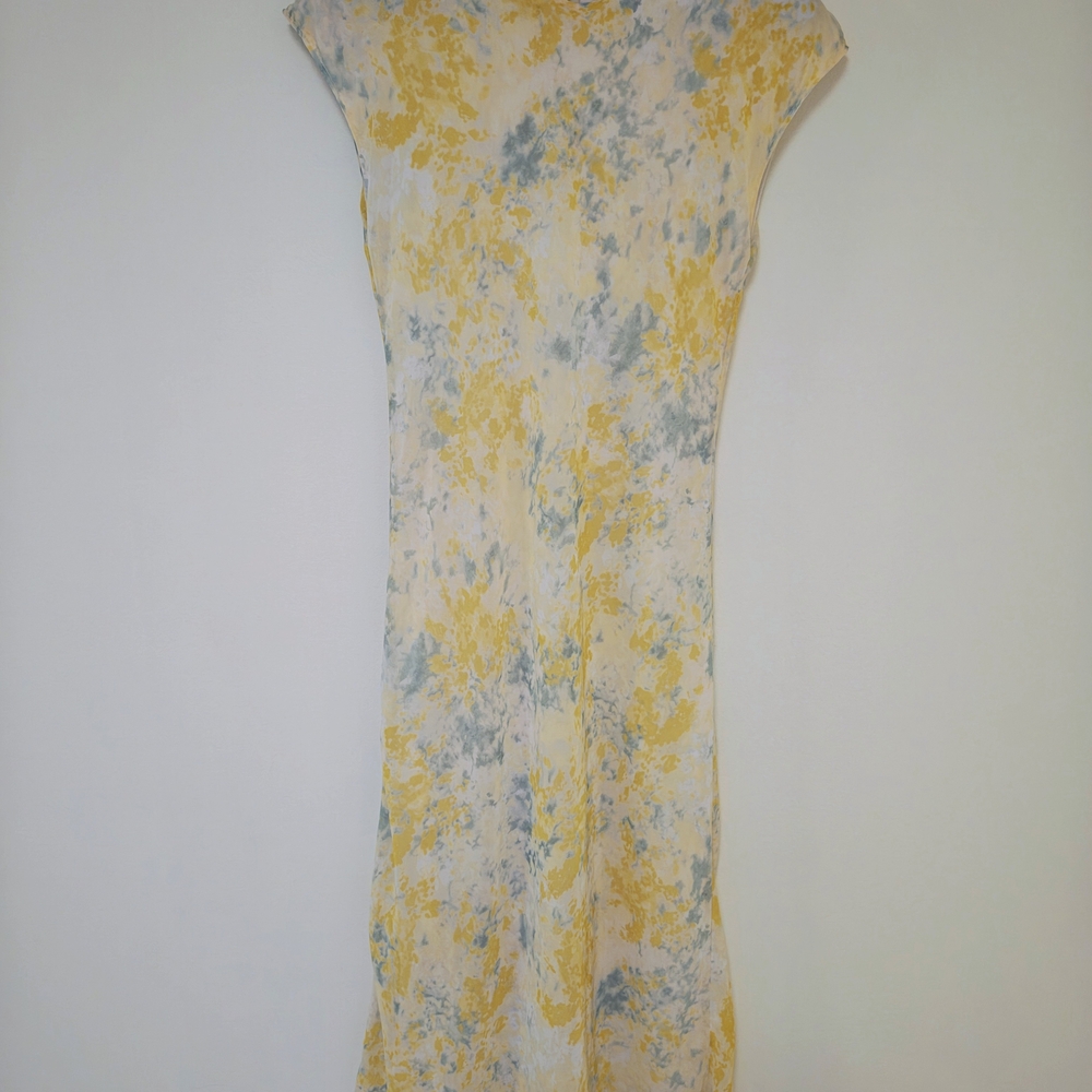 Calvin Klein Yellow Blue Watercolor Midi Dress XS Spring Wedding Guest